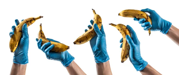 Niektóre Ręce Niebieską Rękawicą Lateksową Trzymając Banana — Zdjęcie stockowe