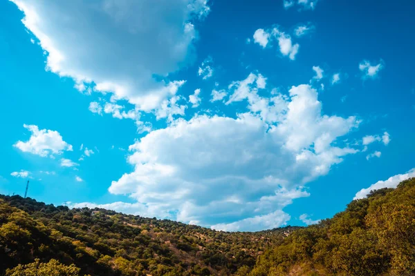 Güneşli bir günde, dağların üzerinde bulutlarla mavi gökyüzü ve yeşil orman..