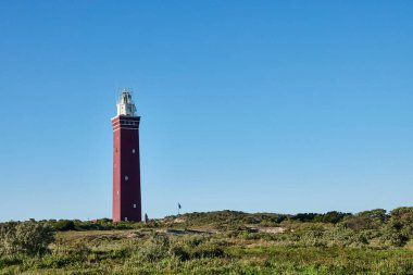 Ouddorp deniz feneri, beyaz tepeli kırmızı kule, mavi gökyüzü ve yeşil çayır. Hollanda