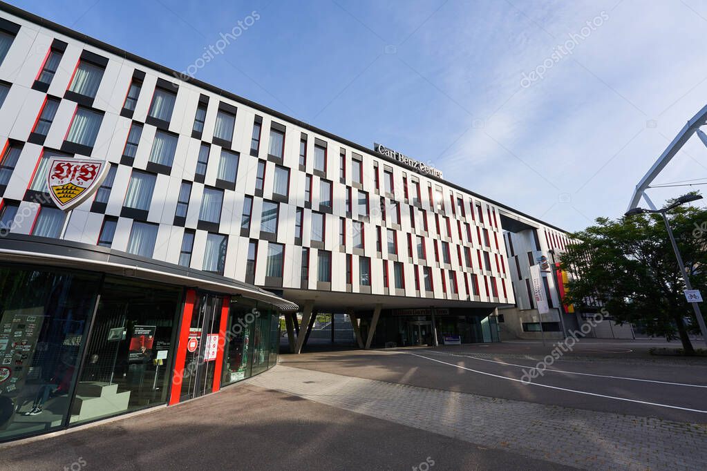 Stuttgart Bad Cannstatt, Germany - May 22, 2020: The Carl Benz Center offers around 20,000 square meters of usable space, of which VfB Stuttgart alone uses 4,000. Stuttgart.