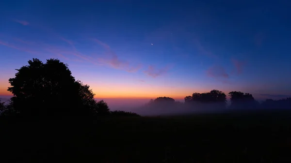 Amanecer Amanecer Árboles Follaje Niebla Cielo Azul Con Tonos Anaranjados —  Fotos de Stock