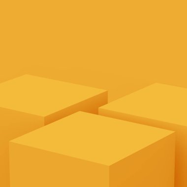 3D sarı podyum sahnesi stüdyo arkaplanı çok az. Soyut 3d geometrik şekil çizimi. Yaz tatili ürünleri için görüntü.