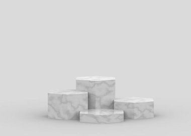 3d beyaz gri altıgen mermer ve podyum minimum stüdyo arkaplanı. Soyut 3d geometrik şekilli lüks nesne çizimi. Kozmetik ve güzellik ürünleri için görünüm.