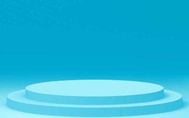 3D mavi silindir podyum minimum stüdyo arkaplanı. Soyut 3d geometrik şekil çizimi. İlaç ürünü için görünüm
