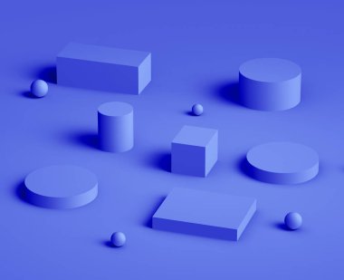 3D kraliyet mavi ve mor platform minimal stüdyo arkaplan. Soyut 3d geometrik şekil çizimi. Kozmetik ve güzellik ürünleri için görünüm.