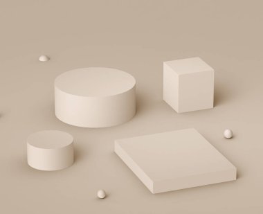 3D kahverengi kremalı sahne podyumu stüdyo arka planında modern tasarım. Soyut 3d geometrik şekil çizimi. Kozmetik moda ürünleri için görüntü. Doğal renk tonları.