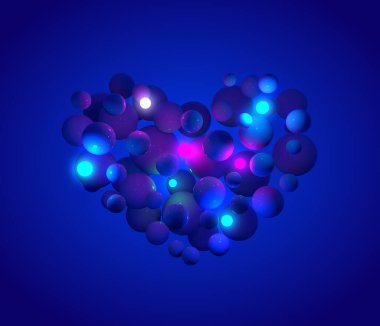 Mavi arka planda kalp şeklinde 3D pembe ışıklı lamba topu. Soyut 3D izole edilmiş sunum konsepti sevgililer günü.