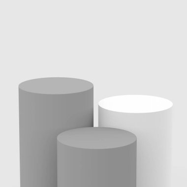 3d gri beyaz silindir podyum minimum stüdyo arkaplanı. Soyut 3d geometrik şekil çizimi. Kozmetik parfüm ürünleri için görünüm.