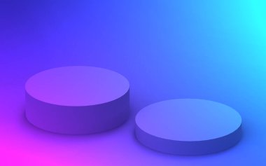 3d mor neon ışıklı podyum minimum stüdyo pembe gradyan koyu arkaplan. Soyut 3d geometrik şekil çizimi. Gece kulübü partisi ve teknoloji ürünü.
