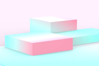 Yumuşak pastel sahne arka planında 3D mavi pembe küpler eğimli renkler. Soyut 3d geometrik şekil çizimi. Yaz tatili ürünleri için görüntü.