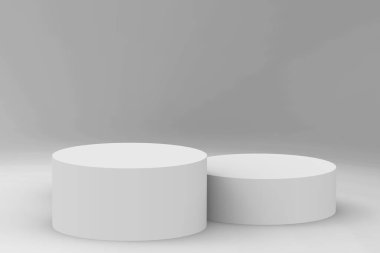 3d gri beyaz silindir podyum minimum stüdyo arkaplanı. Soyut 3d geometrik şekil çizimi çizimi.