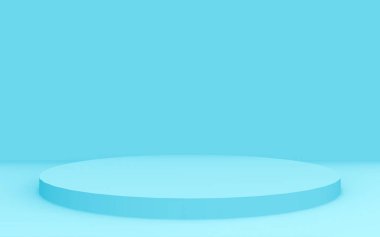 3D mavi silindir podyum minimum stüdyo arkaplanı. Soyut 3d geometrik şekil çizimi. İlaç ürünü için görünüm