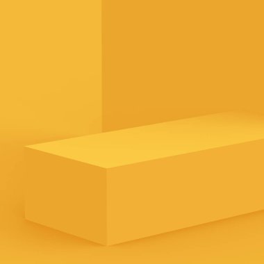 3D sarı podyum sahnesi stüdyo arkaplanı çok az. Soyut 3d geometrik şekil çizimi. Yaz tatili ürünleri için görüntü.