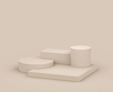 3D kahverengi kremalı sahne podyumu stüdyo arka planında modern tasarım. Soyut 3d geometrik şekil çizimi. Kozmetik moda ürünleri için görüntü. Doğal renk tonları.