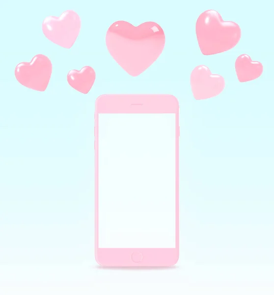 Smart phone and hearts pink color mockup floating on top isolated on blue background. 3d object illustration render.with clipping path. Object.