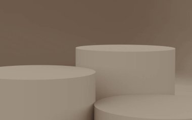 3D kahverengi silindir podyum stüdyo arkaplanı. Soyut 3d geometrik şekil çizimi. Kozmetik parfüm ürünleri için görünüm.
