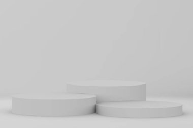 3d gri beyaz silindir podyum minimum stüdyo arkaplanı. Soyut 3d geometrik şekil çizimi çizimi.