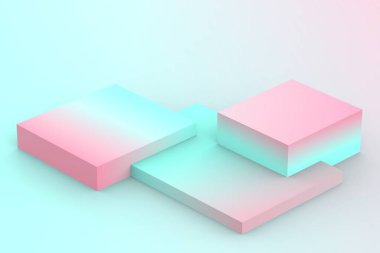 Yumuşak pastel arka planda 3D mavi pembe küpler eğimli renkler. Soyut 3d geometrik şekil çizimi. Yaz tatili ürünleri için görüntü.