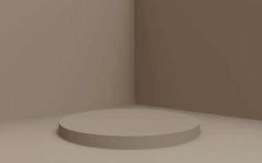 3D kahverengi silindir podyum stüdyo arkaplanı. Soyut 3d geometrik şekil çizimi. Kozmetik parfüm ürünleri için görünüm.
