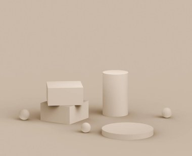 3D kahverengi kremalı sahne podyumu stüdyo arka planında modern tasarım. Soyut 3d geometrik şekil çizimi. Kozmetik moda ürünleri için görüntü. Doğal renk tonları.
