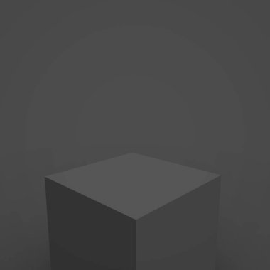3D siyah gri küp ve küçük podyum stüdyo arka planı. Soyut 3d geometrik şekil çizimi. Çevrimiçi iş ürünü için göster.