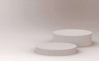 3D kahverengi krem silindir podyum stüdyo arka planı. Soyut 3d geometrik şekil çizimi. Kozmetik parfüm ürünleri için görünüm.