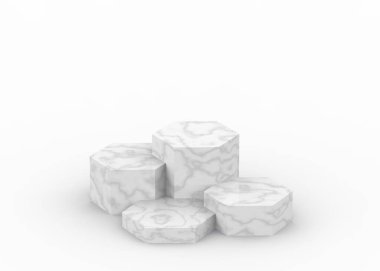 3d beyaz gri altıgen mermer ve altın podyum minimum stüdyo arka planı. Soyut 3d geometrik şekilli lüks nesne çizimi. Kozmetik ve güzellik ürünleri için görünüm.