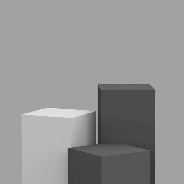 3Dグレーと白の黒のキューブの表彰台最小限のスタジオの背景 概要3D形状オブジェクトイラストレンダリング製品ビジネスのための表示オンライン — ストック写真