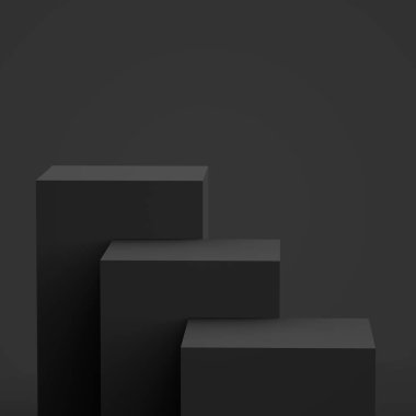 3D siyah gri küp ve küçük podyum stüdyo arka planı. Soyut 3d geometrik şekil çizimi. Çevrimiçi iş ürünü için göster.
