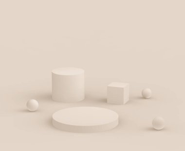 3D kahverengi kremalı sahne podyumu stüdyo arka planında modern tasarım. Soyut 3d geometrik şekil çizimi. Kozmetik moda ürünleri için görüntü. Doğal renk tonları.