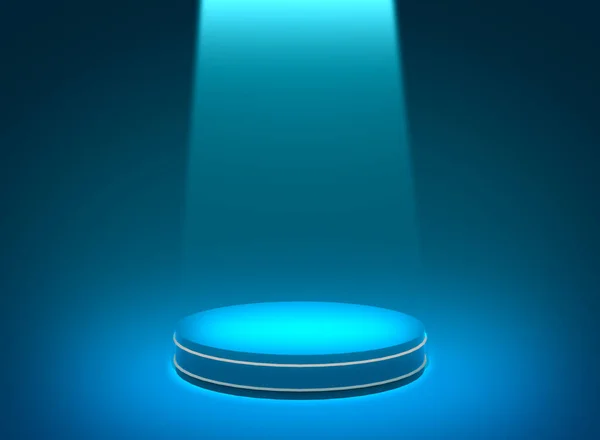 3D mavi spot ışığı neon silindir podyum minimal stüdyo koyu arka plan. Soyut 3d geometrik şekil çizimi. Teknolojik elektronik ürün için görüntüleme.