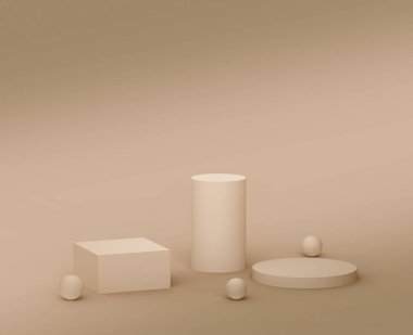 3D kahverengi kremalı sahne podyumu stüdyo arka planında modern tasarım. Soyut 3d geometrik şekil çizimi. Kozmetik moda ürünleri için görüntü. Doğal renk tonları.