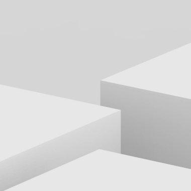 3D gri küp ve küçük podyum stüdyo arka planı. Soyut 3d geometrik şekil çizimi. Çevrimiçi iş ürünü için göster.