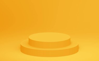 3D sarı silindir podyum minimum stüdyo arkaplanı. Soyut 3d geometrik şekil çizimi. Yaz tatili ürünleri için görüntü.