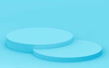 3D mavi silindir podyum minimum stüdyo arkaplanı. Soyut 3d geometrik şekil çizimi. İlaç ürünü için görünüm