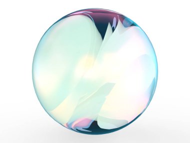 Beyaz arka planda izole edilmiş 3D mavi top kristal eğimli renkler. Soyut kabarcık parlak pastel 3d geometrik şekil çizimi. 