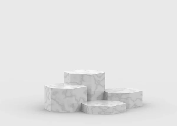 3d beyaz gri altıgen mermer ve altın podyum minimum stüdyo arka planı. Soyut 3d geometrik şekilli lüks nesne çizimi. Kozmetik ve güzellik ürünleri için görünüm.