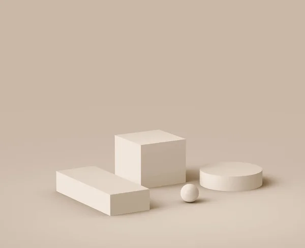 3D kahverengi kremalı sahne podyumu stüdyo arka planında modern tasarım. Soyut 3d geometrik şekil çizimi. Kozmetik moda ürünleri için görüntü. Doğal renk tonları.