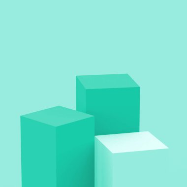 3D yeşil turkuaz pastel küp kare podyum stüdyo arka planı. Soyut 3d geometrik şekil çizimi. Kozmetik parfüm ve yaz ürünleri için görüntü.