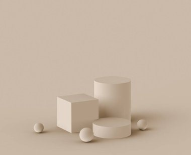 3D kahverengi kremalı sahne podyumu stüdyo arka planında modern tasarım. Soyut 3d geometrik şekil çizimi. Kozmetik moda ürünleri için görüntü. Doğal renk tonları.
