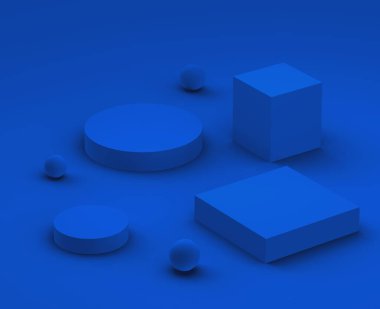 3D mavi podyum modern minimal tasarım stüdyo arka planında. Soyut 3d geometrik şekil çizimi. Sevgililer Günü ürünü için göster.