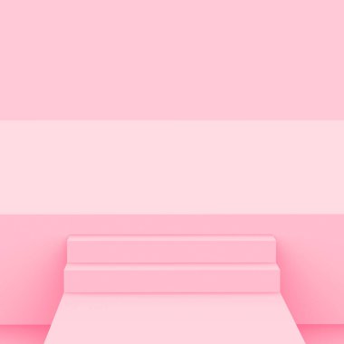 3D pembe küp ve podyum stüdyo arka planı çok az. Soyut 3d geometrik şekil çizimi. Kozmetik moda ve sevgililer günü ürünü. 