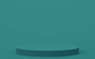 3D yeşil renkli silindir podyum stüdyo arkaplanı. Soyut 3d geometrik şekil çizimi. Kozmetik parfüm için doğal ürün görüntüsü.