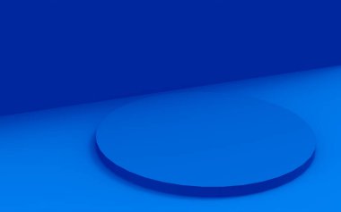 3D mavi silindir podyum minimum stüdyo arkaplanı. Soyut 3d geometrik şekil çizimi. Teknoloji ürünü için görüntüleme.