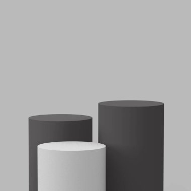 3d gri ve beyaz renkli siyah silindir podyum stüdyo arka planı minimal. Soyut 3d geometrik şekil çizimi. Ürün işi için çevrimiçi görünüm.