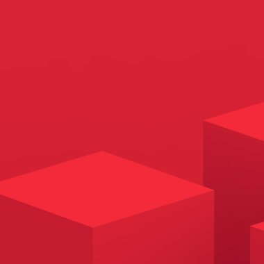 3D kırmızı küp ve küçük podyum sahne stüdyosu arka planı. Soyut 3d geometrik şekil çizimi. Çin Yeni Yıl Tatili ve Mutlu Noeller ürünleri için ekran.