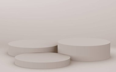 3D kahverengi krem silindir podyum stüdyo arka planı. Soyut 3d geometrik şekil çizimi. Kozmetik parfüm ürünleri için görünüm.