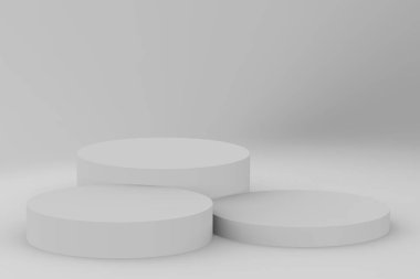 3d gri beyaz silindir podyum minimum stüdyo arkaplanı. Soyut 3d geometrik şekil çizimi çizimi.