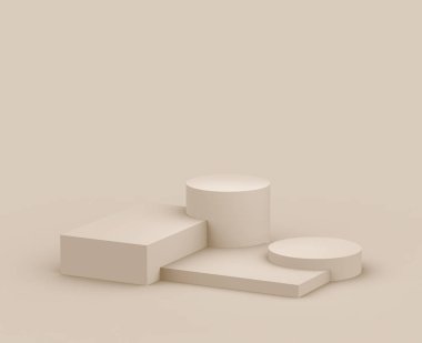 3D kahverengi kremalı sahne podyumu stüdyo arka planında modern tasarım. Soyut 3d geometrik şekil çizimi. Kozmetik moda ürünleri için görüntü. Doğal renk tonları.