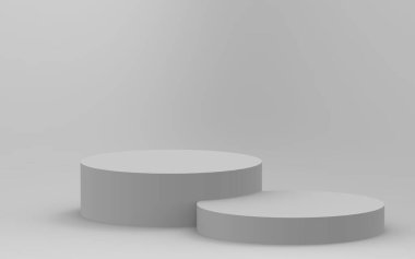 3d gri beyaz silindir podyum minimum stüdyo arkaplanı. Soyut 3d geometrik şekil çizimi çizimi.